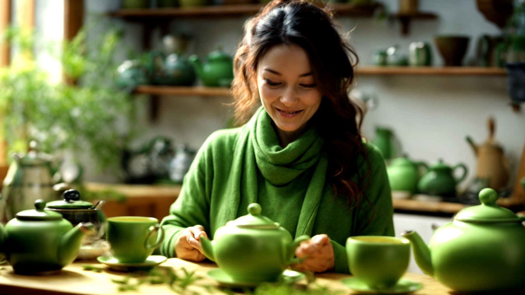 Tazza di tè verde foglie di tè simboli asiatici"